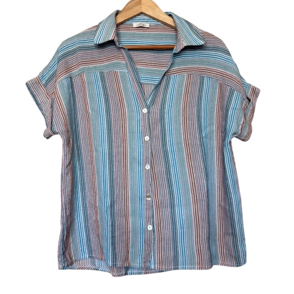 Atelier Celina Italy Striped Linen Blend Button Up Short Sleeve Shirt Blue Large